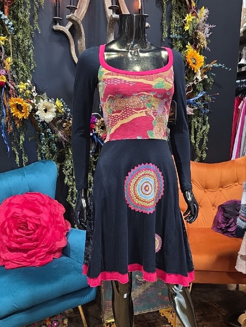 Desigual Black and Red Long-Sleeve Fit & Flare Dress with Multicolor Bodice - Picture 2 of 12